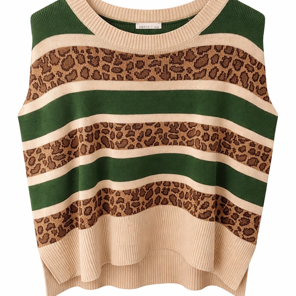 entro Green & Beige Striped Leopard Knit Vest